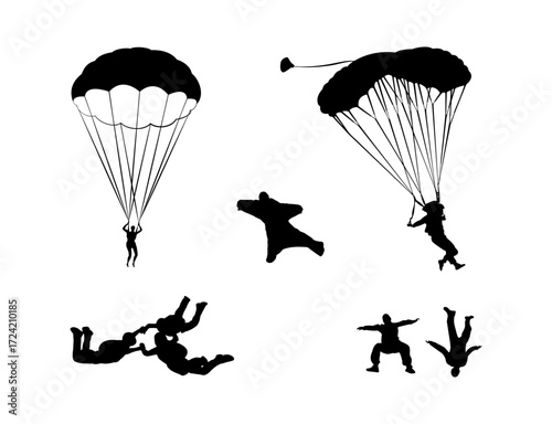 Skydiving sports - black vector silhouettes cut files