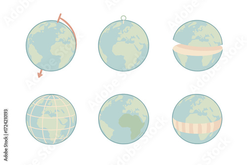 Geographic Globe Illustration. Isometric vector illustration set globe spin axis geography: sphere earth geography tilt, north