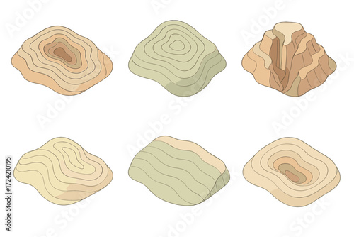 Topographic Contour Landscapes. Isometric vector illustration set topographic map contour elevation: desert canyon ridges,
