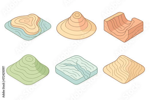 Topographic Map Illustrations. Isometric vector illustration set topographic map contour elevation: coastal headland contours,