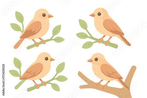 Bird Perch Illustration. Isometric vector illustration set perch branch rest observe: bird resting still, leafy twig branch form,