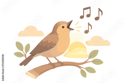 Songbird Melody at Sunrise. Isometric vector illustration set songbird melody chirp dawn: open-beak bird singing, floating sound