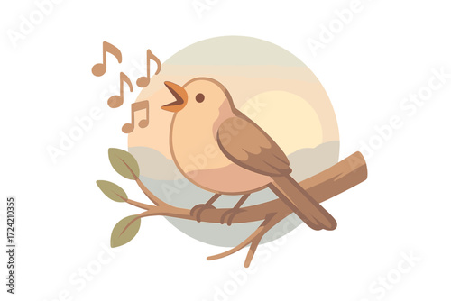 Songbird Melody at Sunrise. Isometric vector illustration set songbird melody chirp dawn: open-beak bird singing, floating sound