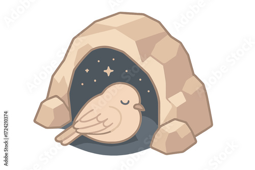 Bird's Starry Sanctuary. Isometric vector illustration set roost nighttime sleep shelter: small bird inside cave nook, sleeping