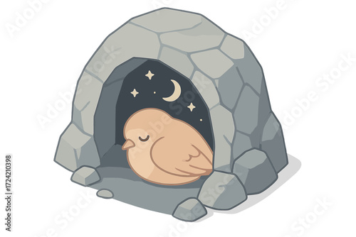 Bird's Starry Sanctuary. Isometric vector illustration set roost nighttime sleep shelter: small bird inside cave nook, sleeping