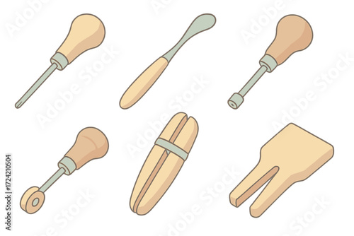 Stone Setting Tools Icons. Isometric vector illustration set Stone setting hand tools: prong pusher tool, curved burnisher spoon,