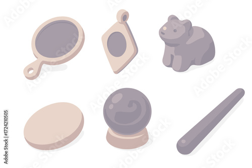Spiritual Tools Collection. Isometric vector illustration set Ritual & spiritual use: obsidian mirror round disk, protective