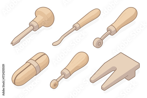 Stone Setting Tools Icons. Isometric vector illustration set Stone setting hand tools: prong pusher tool, curved burnisher spoon,