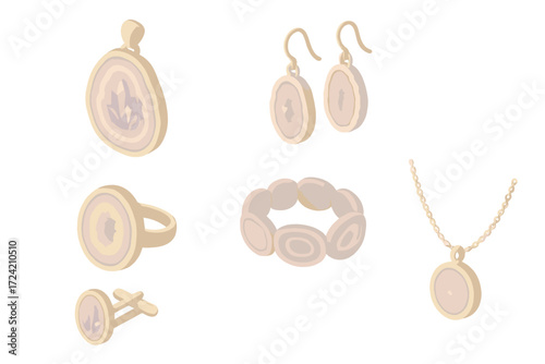 Geode Jewelry Collection. Isometric vector illustration set Mineral geode jewelry: amethyst slice pendant, druzy crystal earrings,