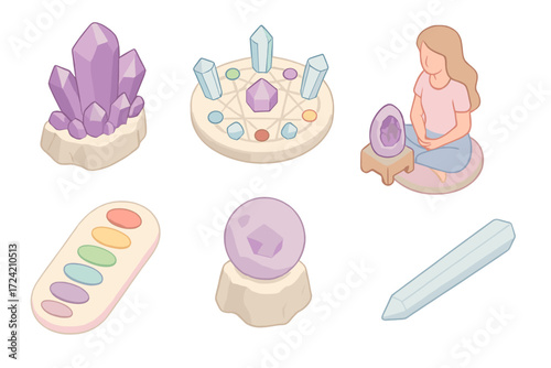 Metaphysical Geode Collection. Isometric vector illustration set Metaphysical geode uses: amethyst healing cluster, crystal energy