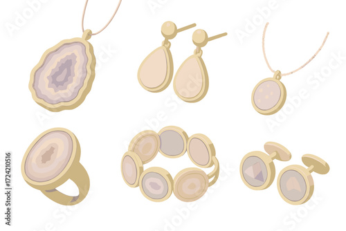 Geode Jewelry Collection. Isometric vector illustration set Mineral geode jewelry: amethyst slice pendant, druzy crystal earrings,
