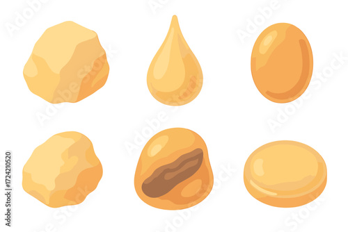 Natural Amber Varieties. Isometric vector illustration set Natural amber forms: raw amber nugget, translucent resin drop, polished