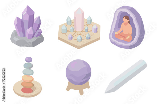 Metaphysical Geode Collection. Isometric vector illustration set Metaphysical geode uses: amethyst healing cluster, crystal energy