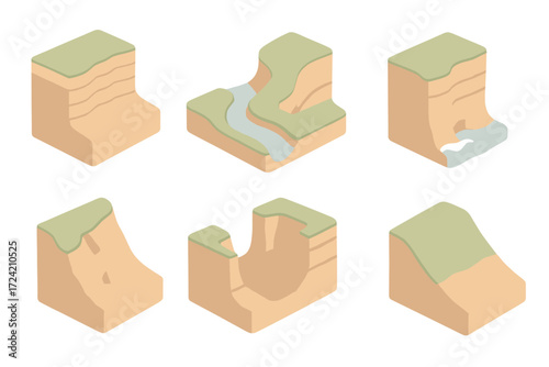 Erosion and Weathering Scenarios. Isometric vector illustration set Erosion & weathering: cliff face with strata, river cutting