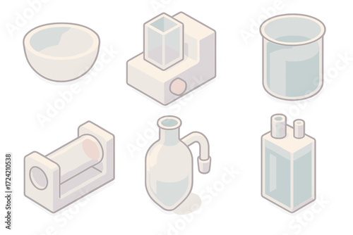 Quartz Lab Equipment Icons. Isometric vector illustration set Quartz lab equipment: quartz crucible bowl, quartz cuvette