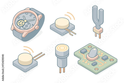 Piezoelectric Applications Icons. Isometric vector illustration set Piezoelectric applications: quartz wristwatch mechanism,