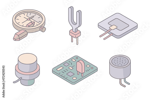 Piezoelectric Applications Icons. Isometric vector illustration set Piezoelectric applications: quartz wristwatch mechanism,