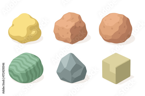 Colorful Mineral Icons. Isometric vector illustration set Mineral specimens: gold nugget shiny, copper ore chunk, bauxite aluminum