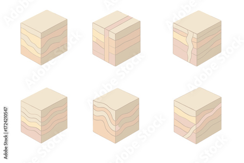 Geology Vein Illustrations. Isometric vector illustration set Mineral vein geology: hydrothermal vein pattern, cross-cutting dike,