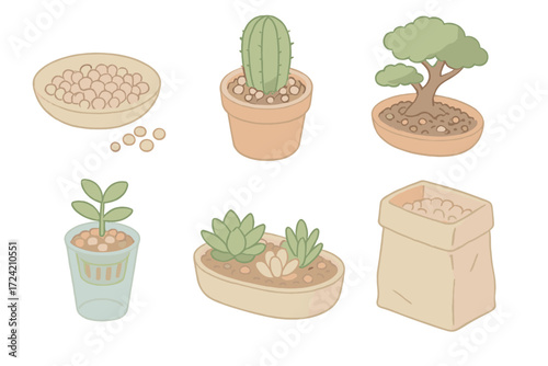 Gardening with Pumice. Isometric vector illustration set Gardening with pumice: pumice soil amendment granules, potted cactus with