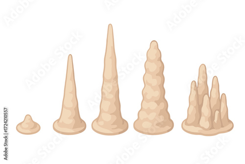 Stalagmite Growth Stages. Isometric vector illustration set Stalagmite growth stages: tiny calcite knob start, short cone