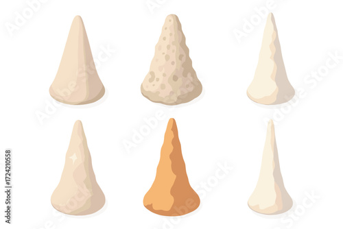 Isometric Stalagmites Collection. Isometric vector illustration set Stalagmite mineral textures: smooth calcite cone, porous
