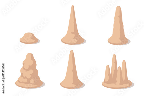 Stalagmite Growth Stages. Isometric vector illustration set Stalagmite growth stages: tiny calcite knob start, short cone