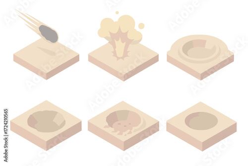 Crater Formation Stages. Isometric vector illustration set Crater formation stages: incoming meteoroid flight, initial contact