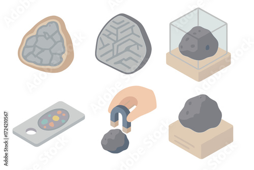 Meteorite Specimen Collection. Isometric vector illustration set Meteorite specimens: polished meteorite slice, etched