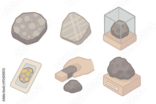 Meteorite Specimen Collection. Isometric vector illustration set Meteorite specimens: polished meteorite slice, etched