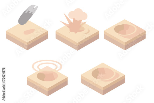 Crater Formation Stages. Isometric vector illustration set Crater formation stages: incoming meteoroid flight, initial contact