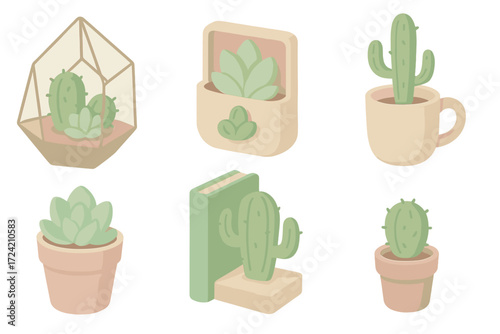 Cactus Decor Collection. Isometric vector illustration set Cactus and succulents in decor: glass terrarium with cactus, succulent