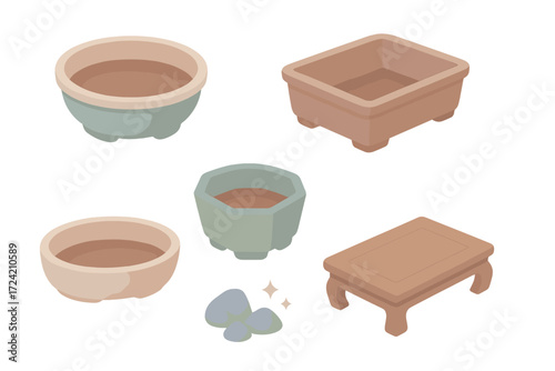 Bonsai Pot Collection. Isometric vector illustration set Bonsai containers: shallow glazed ceramic pot, rectangular bonsai pot,