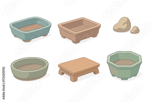 Bonsai Pot Collection. Isometric vector illustration set Bonsai containers: shallow glazed ceramic pot, rectangular bonsai pot,
