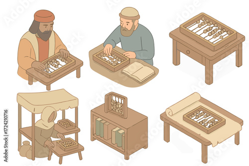 Historical Abacus Icons. Isometric vector illustration set Abacus in history: ancient merchant with abacus, scholar calculating