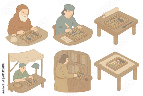 Historical Abacus Icons. Isometric vector illustration set Abacus in history: ancient merchant with abacus, scholar calculating