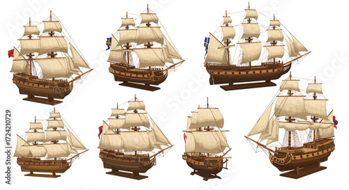 Elegant 3d sailing ships collection with detailed mast and sail designs