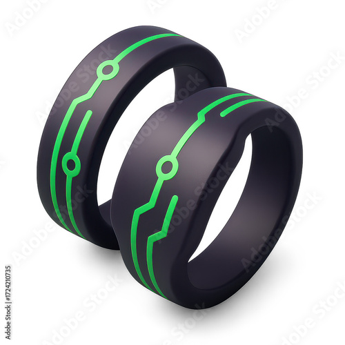 Two black rings with a green circuit-like design, likely for decoration or fashion.