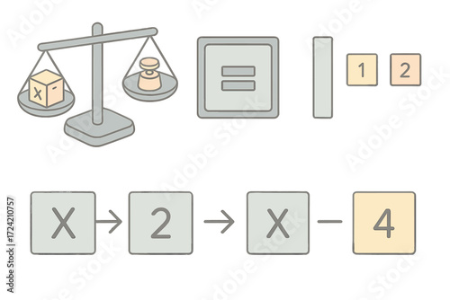Algebra Balance Illustration. Isometric vector illustration set Basic Algebra Equation: balance scale with x variable box, weights