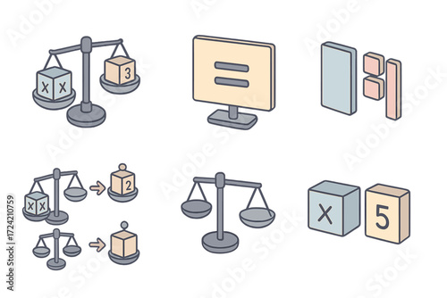 Algebra Balance Illustration. Isometric vector illustration set Basic Algebra Equation: balance scale with x variable box, weights