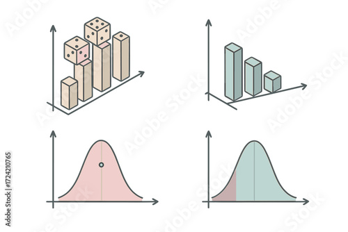 Probability Distribution Diagram. Isometric vector illustration set Probability Distribution: histogram with dice outcomes,