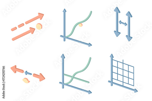 Calculus Concepts Illustrated. Isometric vector illustration set Limits and Continuity: approaching arrow sequence, curve with