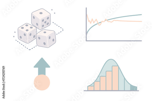 Converging Probability Icons. Isometric vector illustration set Law of Large Numbers: dice rolling repeatedly, line graph