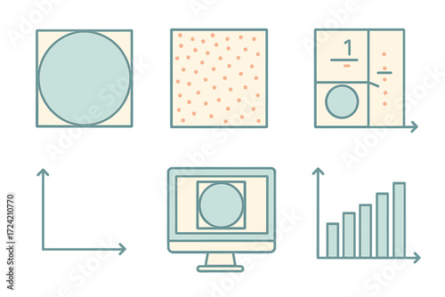 Monte Carlo Simulation Illustration. Isometric vector illustration set Pi in Probability & Monte Carlo: square with inscribed