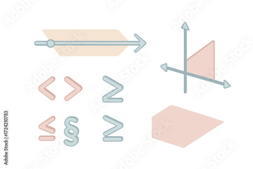 Graphing Inequalities Illustrations. Isometric vector illustration set Inequalities and Graphing: number line with shaded region,