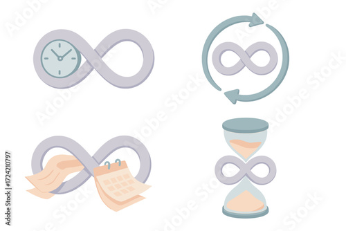 Infinite Time Icons. Isometric vector illustration set Infinite Time Clock Concept: infinity symbol combined with clock hands,