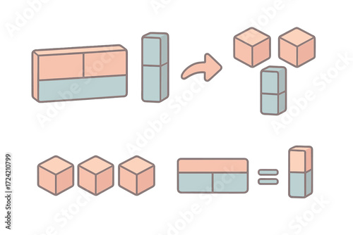 Isometric Math Illustration. Isometric vector illustration set Improper Fractions and Mixed Numbers: rectangle bar split unevenly,