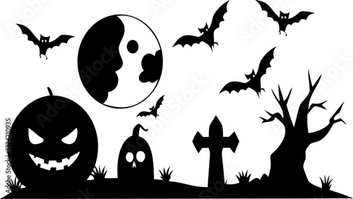 Spooky halloween scene silhouette with bats jack-o-lantern ghost tree and moon vector