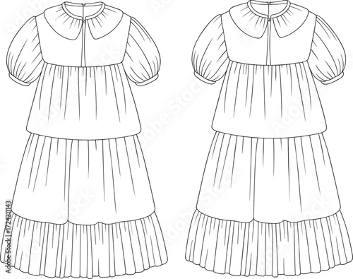 Baby doll dress flat sketch, puff sleeves, pleated bottom design, front and back fashion view, technical vector drawing, template