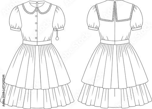 Baby girl puff sleeve dress, tiered skirt, peter pan collar, cute fashion flat sketch, vector cad drawing, detailed illustration